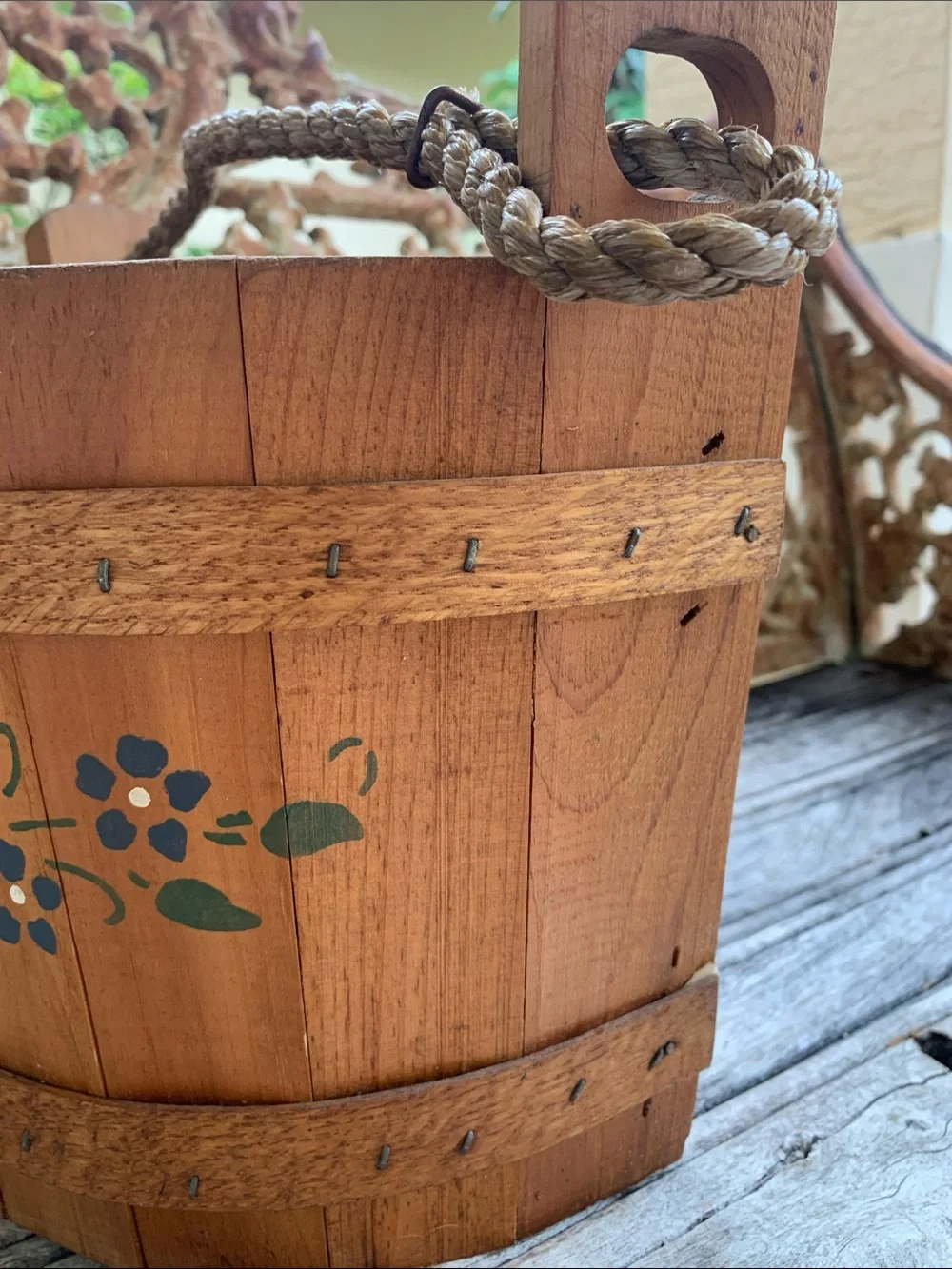 Vintage Flat Sided Wooden Hanging Basket with Red Heart and Floral Accents